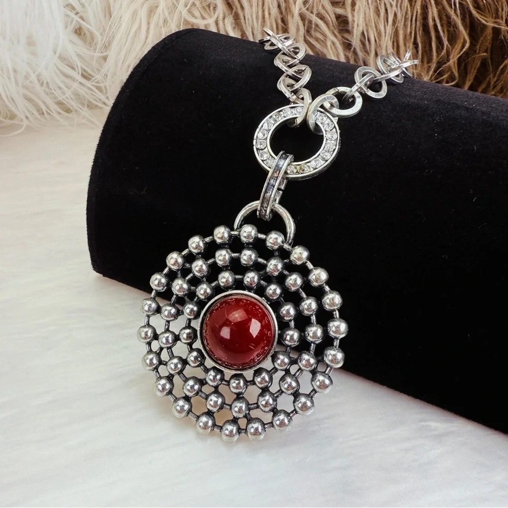 Vintage Aged Silvertone Weighted Red Pendant Necklace